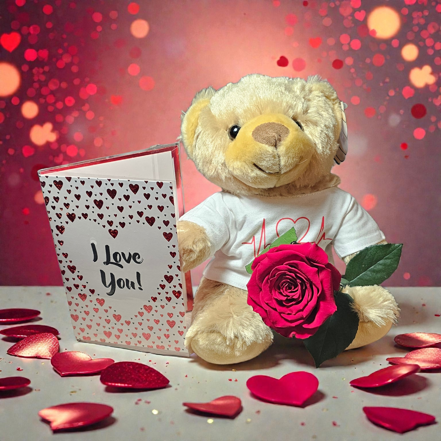 Bruine Zittende Knuffelbeer (ca. 20 cm) met Rode Longlife Roos, Personaliseerbaar Shirtje, Juwelendoosje & Kaart – Luxe Gepersonaliseerd Valentijnscadeau