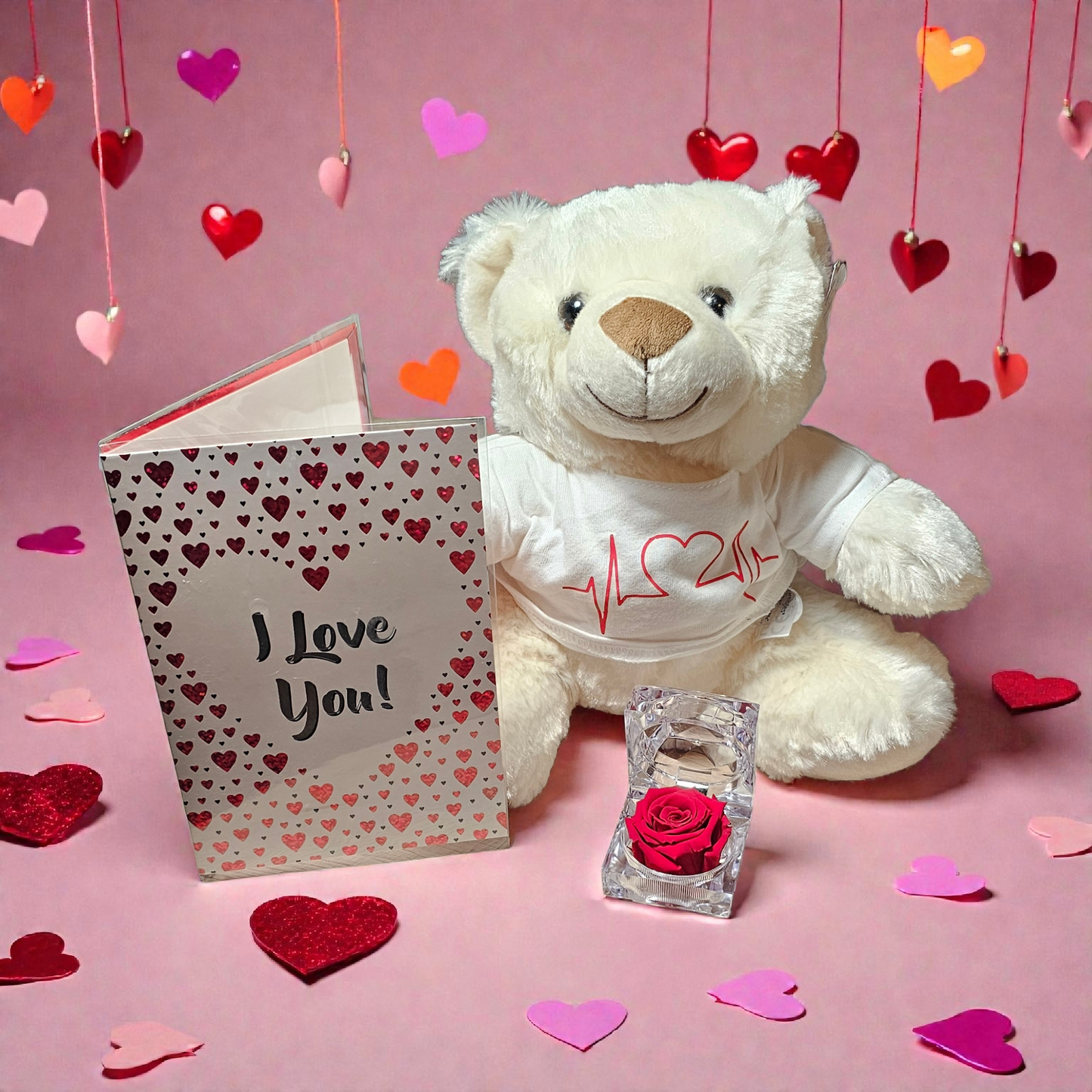 Witte Zittende Knuffelbeer (ca. 20 cm) met Roze Longlife Roos, Personaliseerbaar Shirtje, Juwelendoosje & Kaart – Luxe Gepersonaliseerd Valentijnscadeau