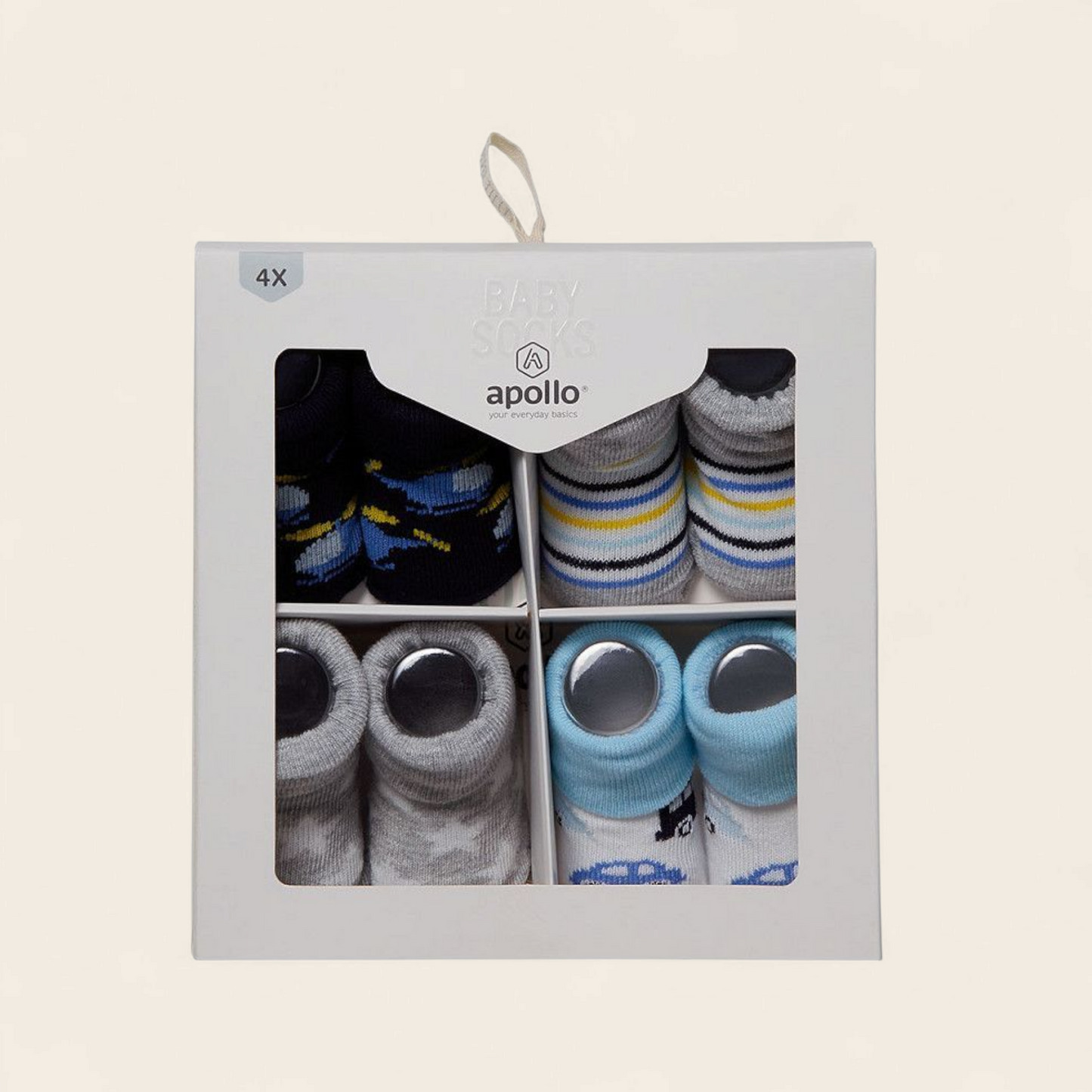 Kraamcadeau set – 4 paar baby sokjes in luxe cadeaudoos |helicopter, auto, streepjes en sterren voor een jongen