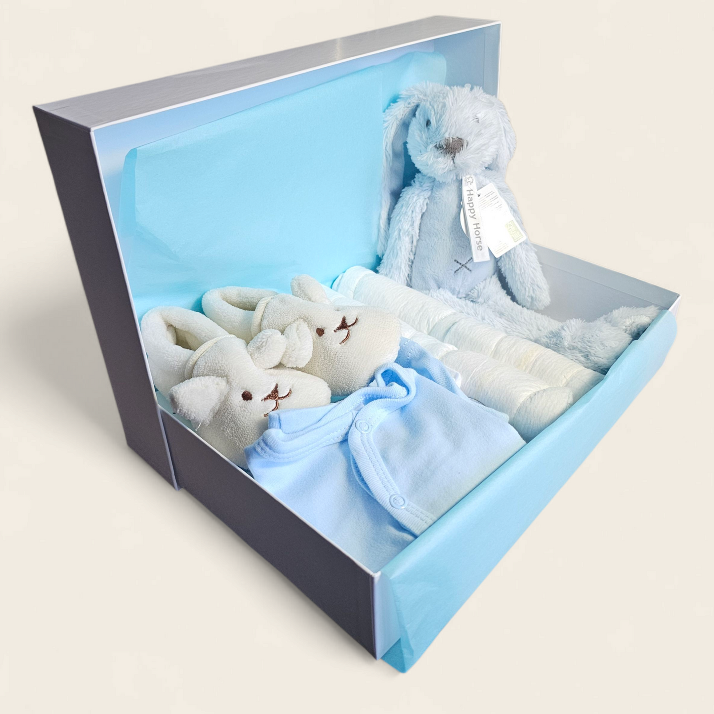 Kraamcadeau blauw met Happy Horse Richie Knuffel, romper, vestje, broekje, mutsje en slofjes personaliseerbaar