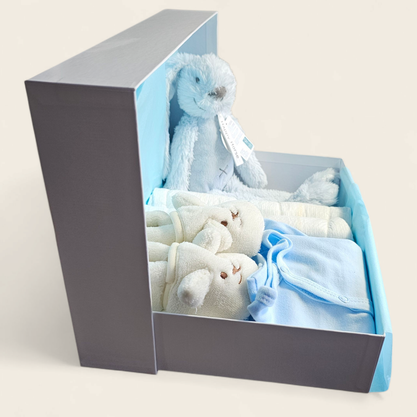 Kraamcadeau blauw met Happy Horse Richie Knuffel, romper, vestje, broekje, mutsje en slofjes personaliseerbaar