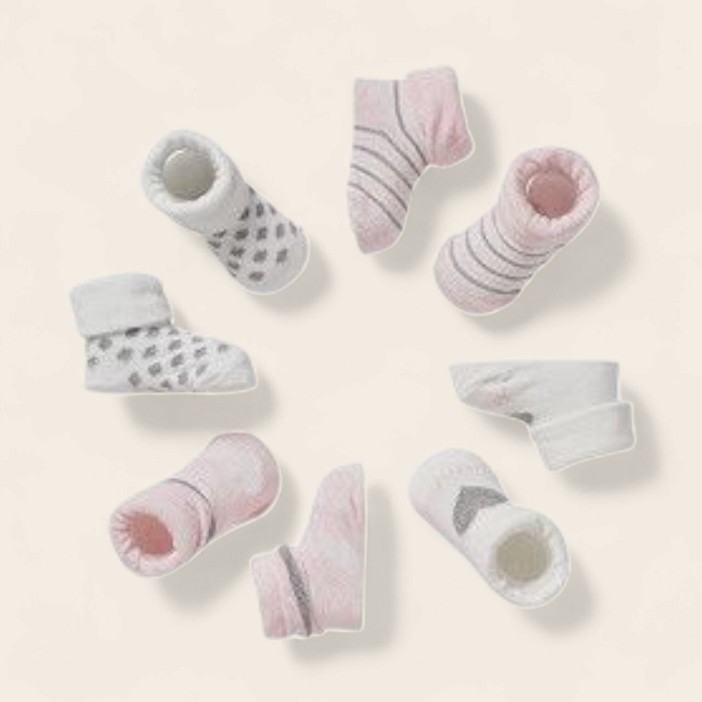 Kraakraamcadeau Set meisje – 4 Paar Baby Slofjes in Luxe Cadeaudoos | Roze & Wit – Zacht & Comfortabel