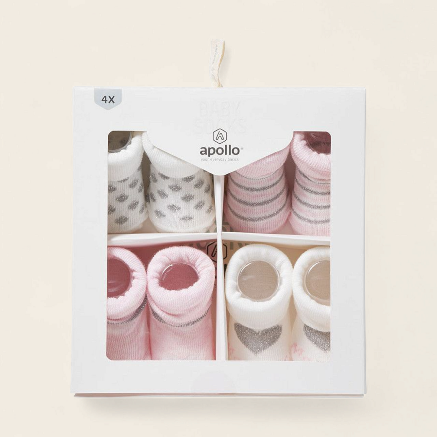 Kraakraamcadeau Set meisje – 4 Paar Baby Slofjes in Luxe Cadeaudoos | Roze & Wit – Zacht & Comfortabel
