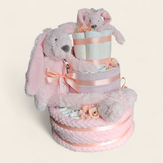 Luiertaart 3 laags roze met Rabbit Richie – Perfect Kraamcadeau