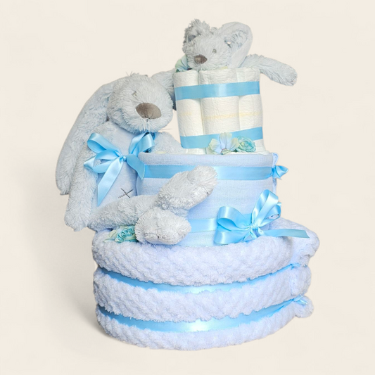 Luiertaart 3 laags blauwe met Rabbit Richie – Perfect Kraamcadeau