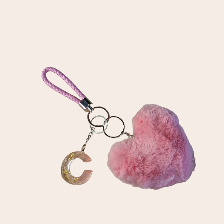 Keychain with handmade epoxy letter pink, heart pompom and leather short