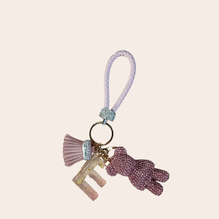 Keychain with handmade epoxy letter pink, bear and leather short