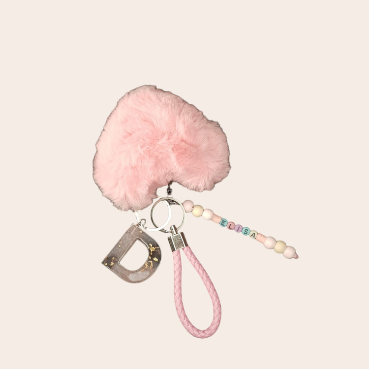 Keychain with handmade epoxy letter pink, heart pompom and leather short