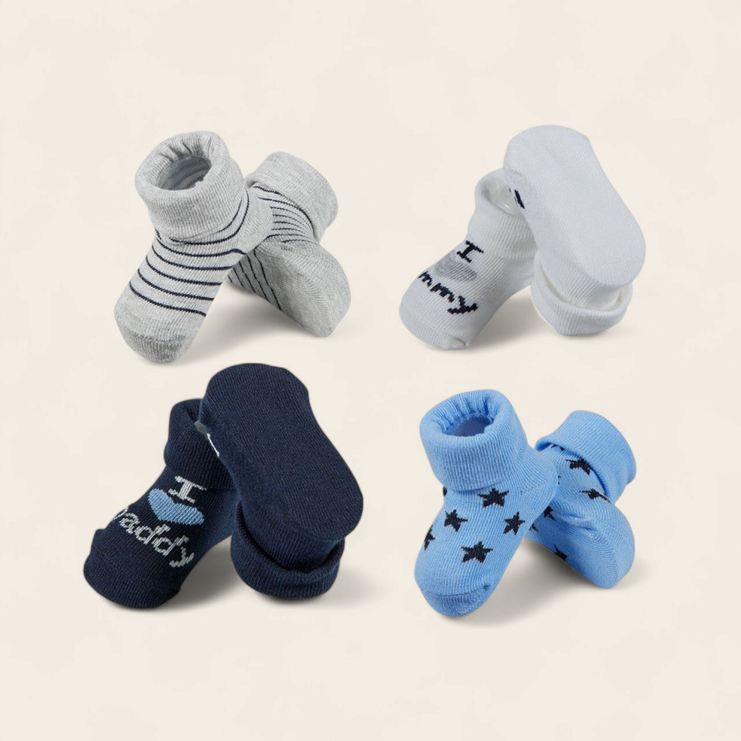 Kraamcadeau set – 4 paar baby sokjes in luxe cadeaudoos | I Love Mommy & Daddy – Blauw & Grijs
