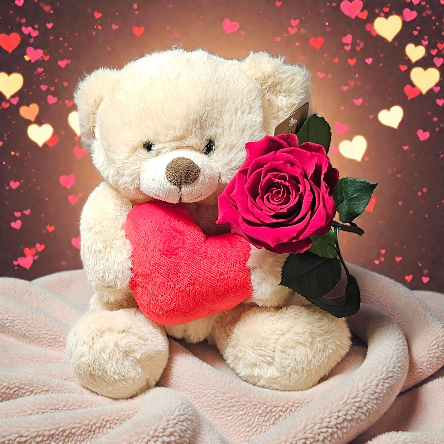 bruine Zittende Knuffelbeer (ca. 20 cm) met Hart, Rode Longlife Roos & Kaart – Romantisch Valentijnscadeau