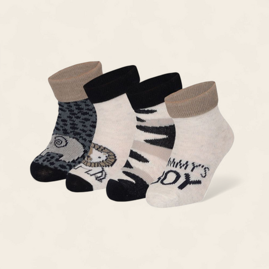 Comfortabele Baby Sokken 4-Pack –dierenthema creme | Naadloos & Zacht Katoen