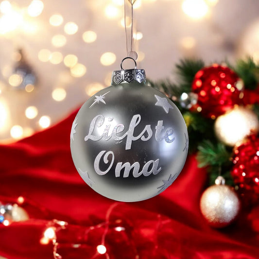 Kerstbal met naam - Mat zilver - Glas – 8cm - eigen tekst