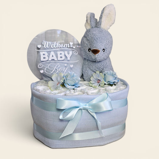 Luiertaart 1 laags blauw – Welkom Baby boy met konijnen knuffel