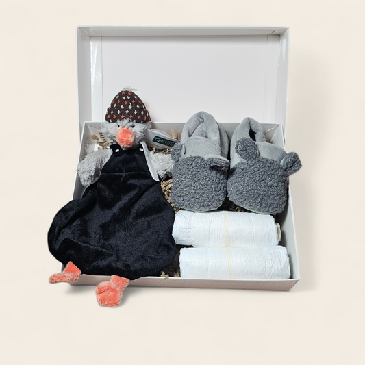 Kraamcadeau Grijs met Happy Horse Tuttle Pinguïn – Personalisatie Mogelijk, Luiers & Apollo Babyslofjes