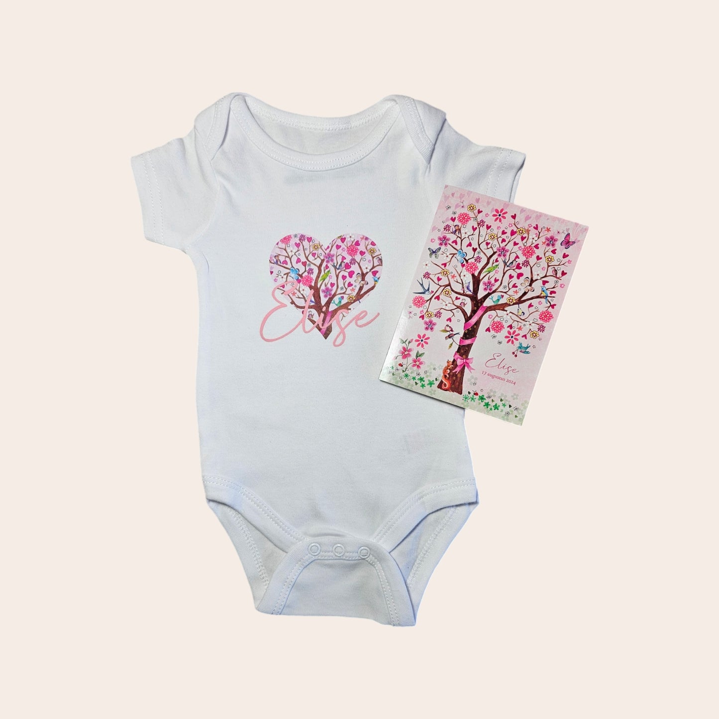 Gepersonaliseerde Baby Set: Romper, Boxpakje en Muts met Afbeelding en Tekst van het Geboortekaartje