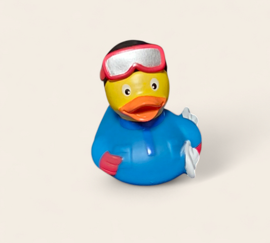 Badeend als snowboarder