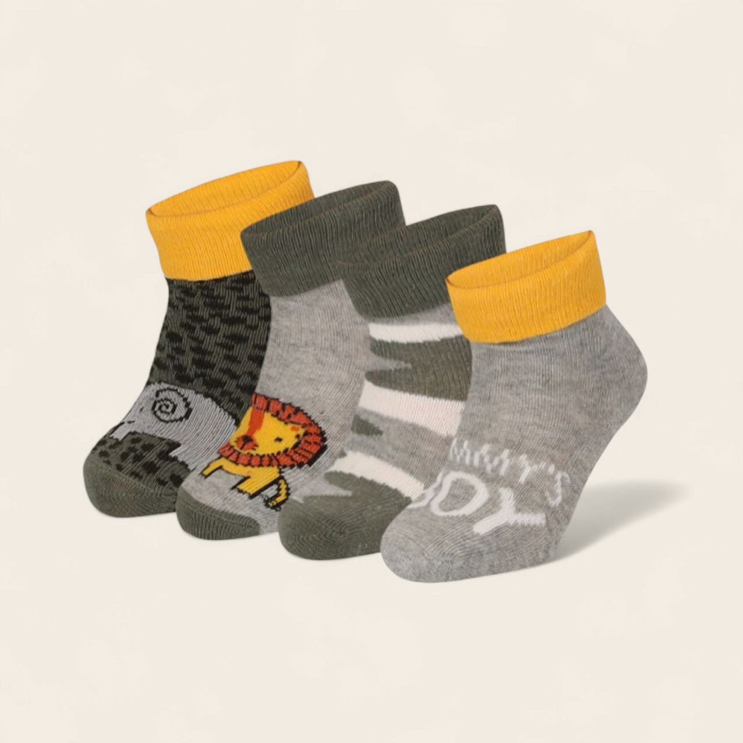 Comfortabele Baby Sokken 4-Pack –dierenthema grijs | Naadloos & Zacht Katoen