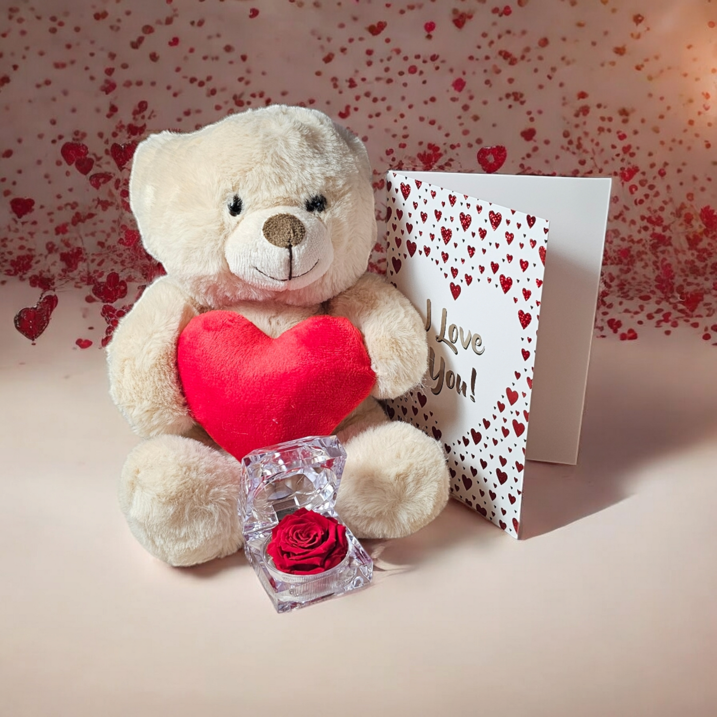 Liefdevol Valentijnscadeau Set โ Knuffelbeer beige, Valentijnskaart & Longlife Roos in Juwelendoos