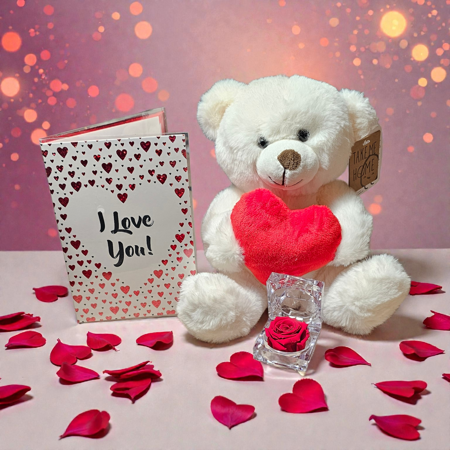 Liefdevol Valentijnscadeau Set – Knuffelbeer wit, Valentijnskaart & Longlife Roos in Juwelendoos