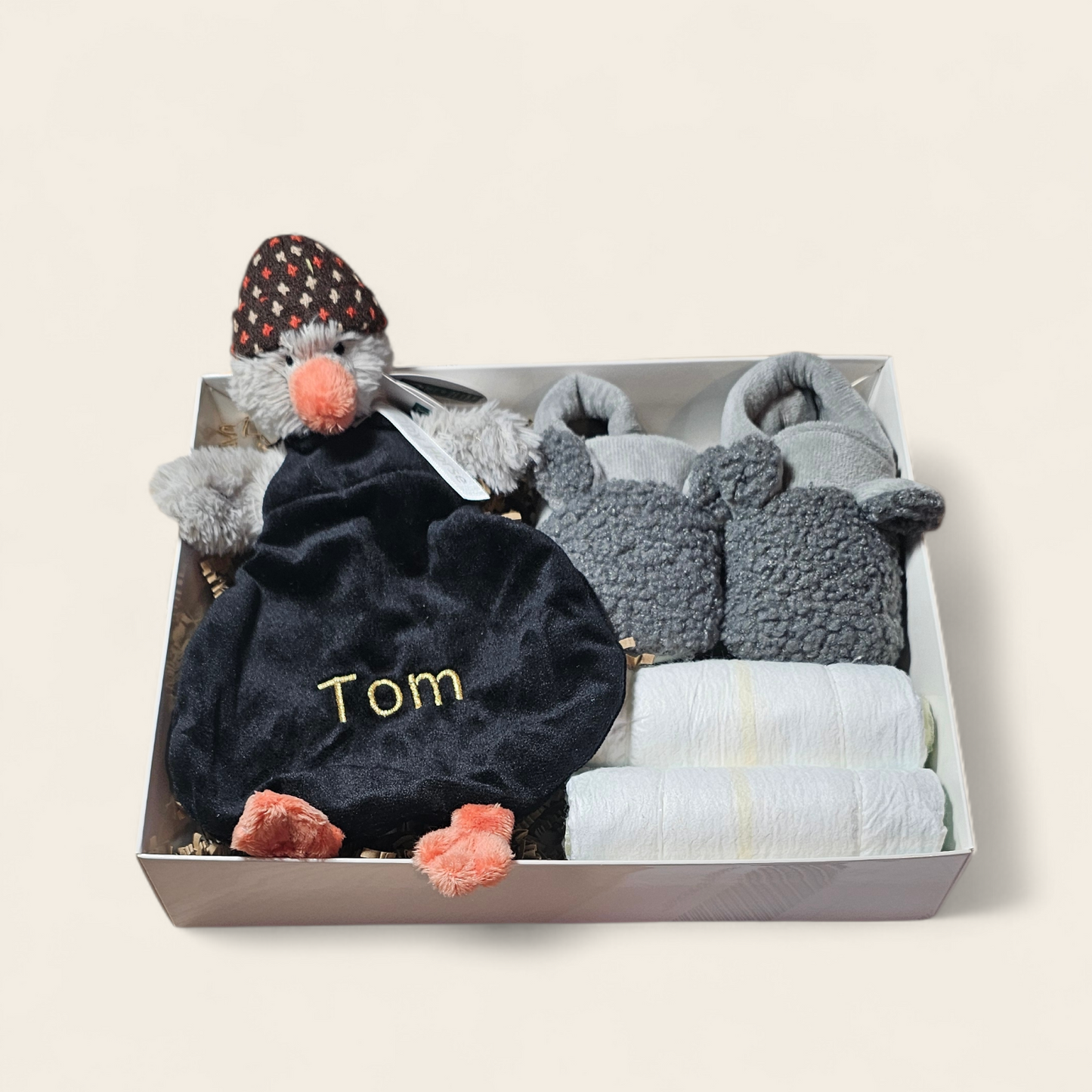 Kraamcadeau Grijs met Happy Horse Tuttle Pinguïn – Personalisatie Mogelijk, Luiers & Apollo Babyslofjes