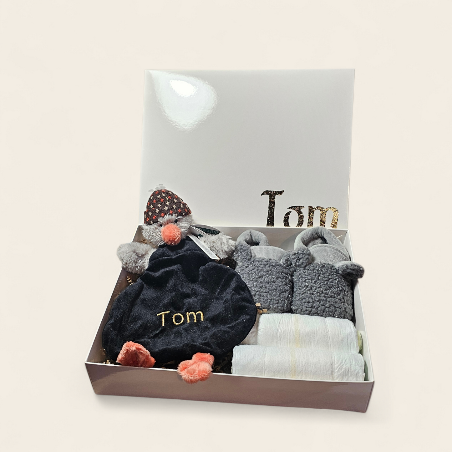 Kraamcadeau Grijs met Happy Horse Tuttle Pinguïn – Personalisatie Mogelijk, Luiers & Apollo Babyslofjes