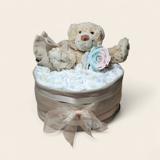 Luxe Luiertaart 1-Laags met Premium Pampers, roze blauwe Longlife Roos speciaal voor genderreveal, Hydrofiele Doek, Spuugdoekje en Superzacht Beertje: Het Perfecte gender reveal cadeau