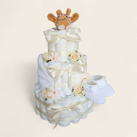 Diaper cake - brown - 3 layers - socks - diaper - cuddly toys - cloth