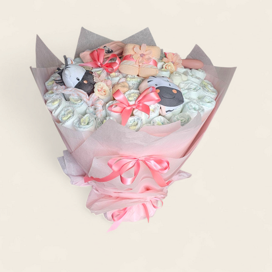 Roze luierboeket - uniek en origineel kraamcadeau met zebra's en luiers 40 x 40 cm