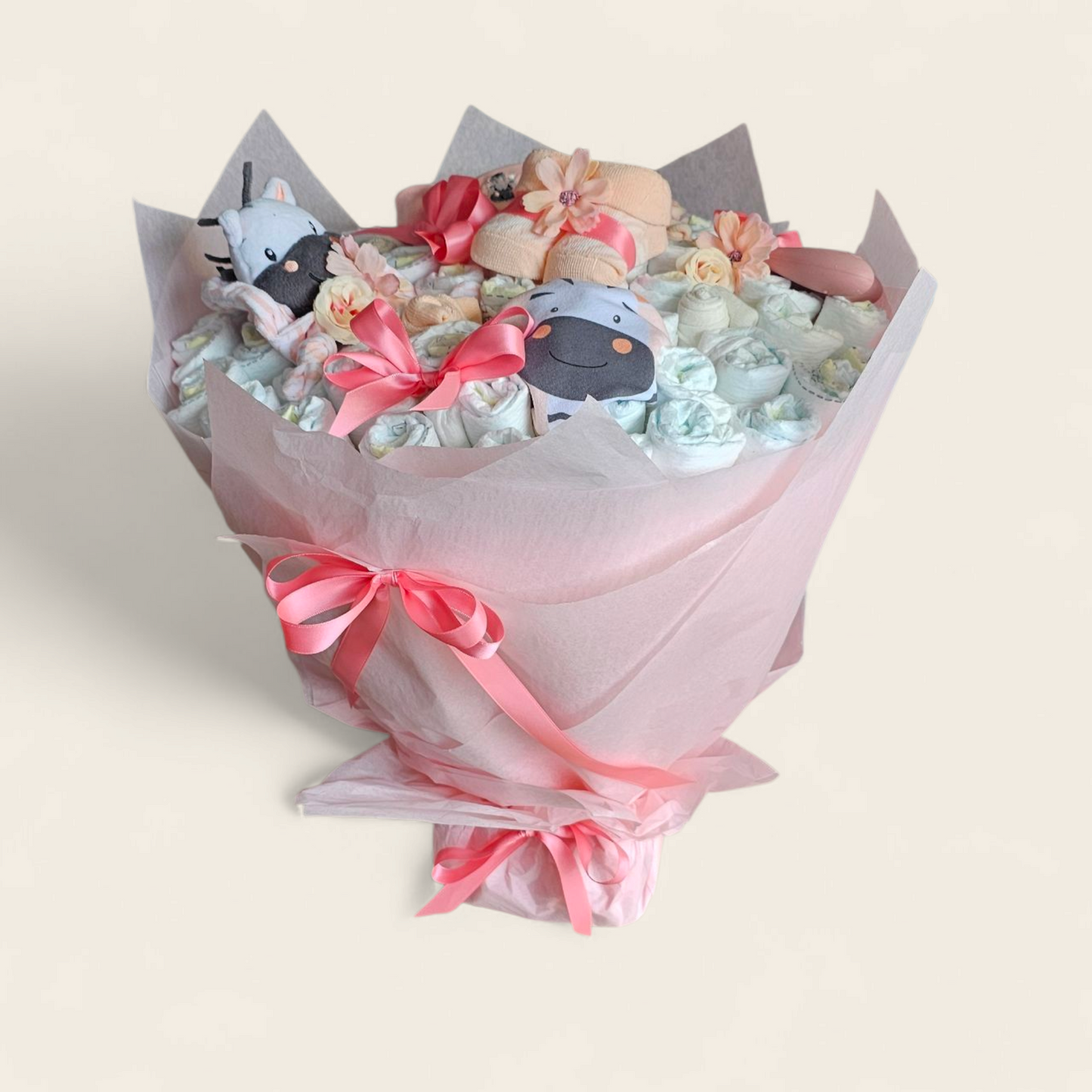 Roze luierboeket - uniek en origineel kraamcadeau met zebra's en luiers 40 x 40 cm