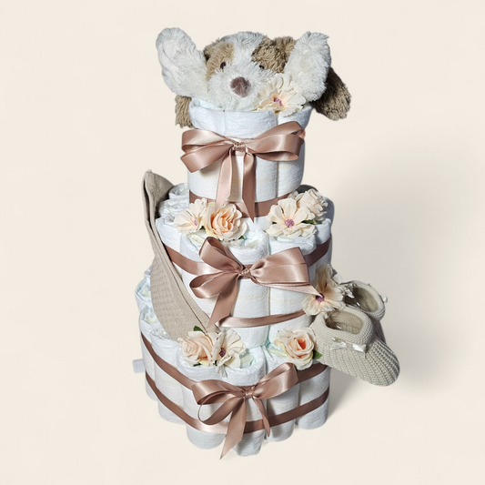 Luiertaart Bruin 3-laags – Groot Kraamcadeau met Dog David van Happy Horse (Personaliseerbaar)