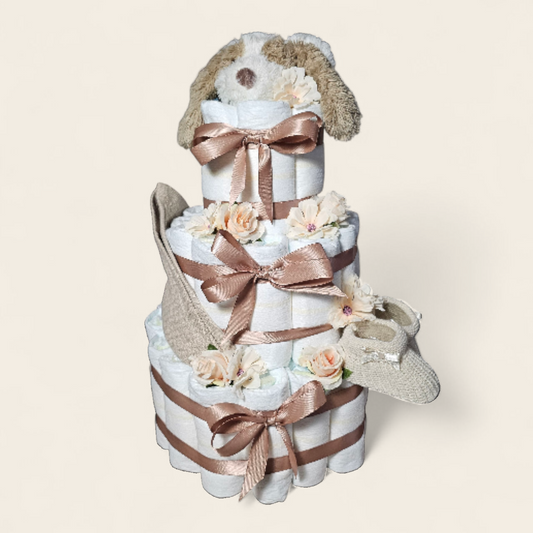 Luiertaart Bruin 3-laags – Groot Kraamcadeau met Dog David van Happy Horse (Personaliseerbaar)