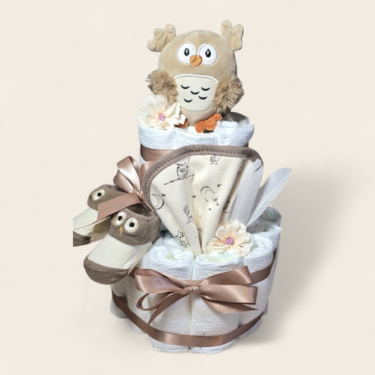 Luiertaart 2 laags met uiltje sokjes en slabbetje