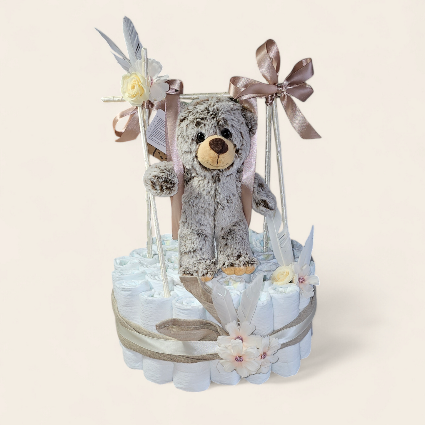 Diaper Cake with Swing and Bear in Brown Accents: The Perfect Baby Shower Gift 