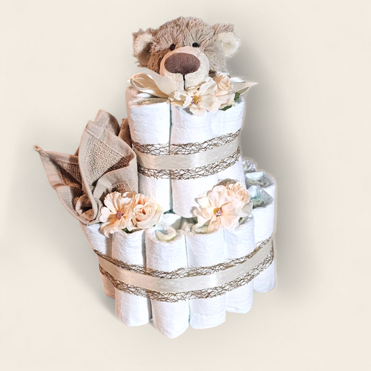 Luiertaart bruin neutraal │ Happy Horse Beer Bella │ Pampers maat 2 │ Spuugdoekje perfect kraamcadeau