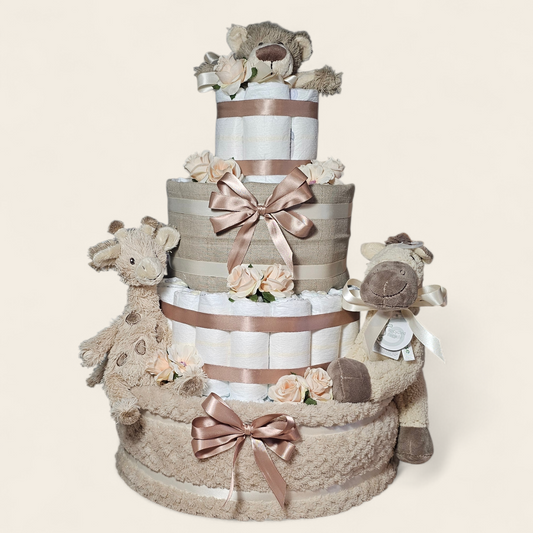Mega Luiertaart 4-laags Beige – luxe unisex kraamcadeau - personaliseerbaar
