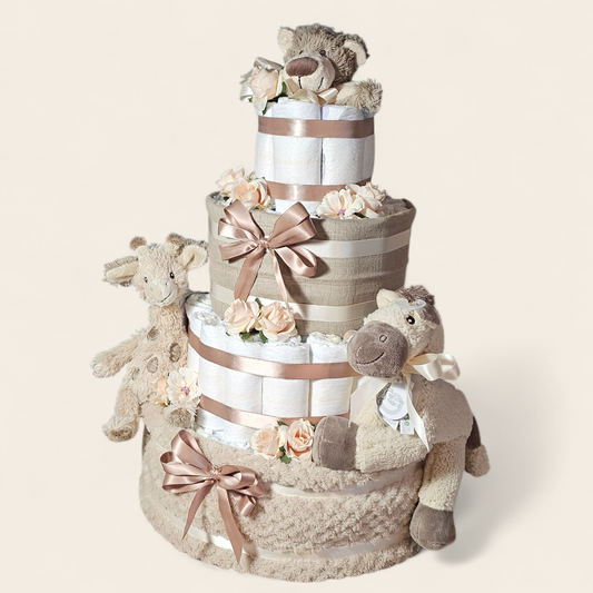 Mega Luiertaart 4-laags Beige – luxe unisex kraamcadeau - personaliseerbaar