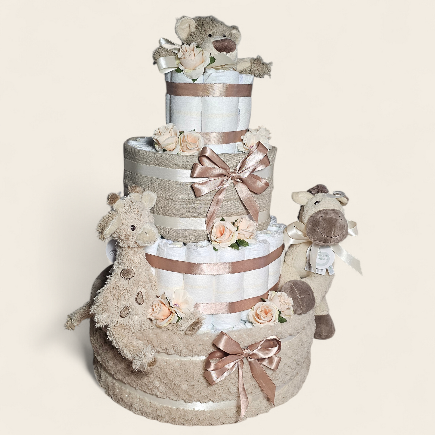 Mega Luiertaart 4-laags Beige – luxe unisex kraamcadeau - personaliseerbaar