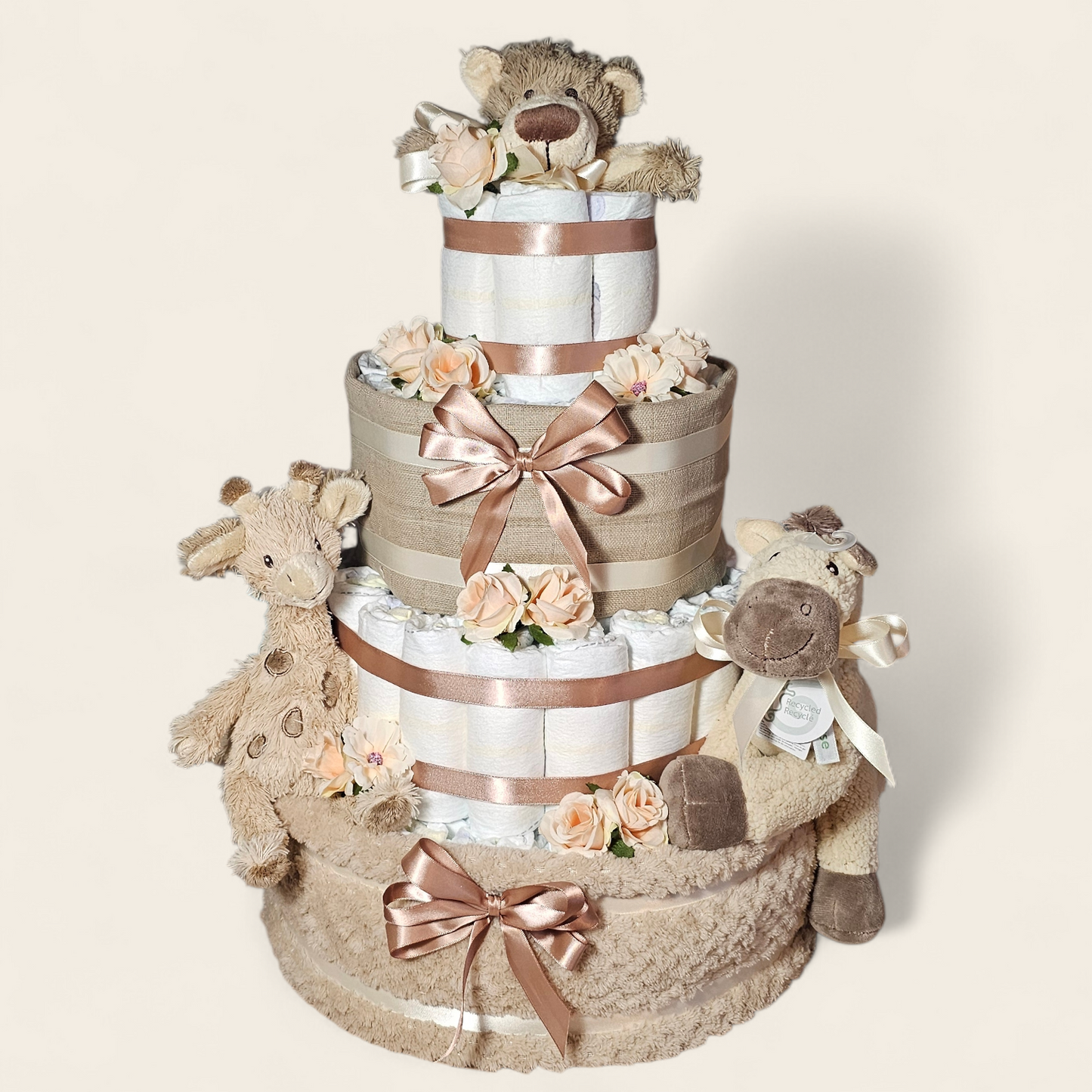 Mega Luiertaart 4-laags Beige – luxe unisex kraamcadeau - personaliseerbaar