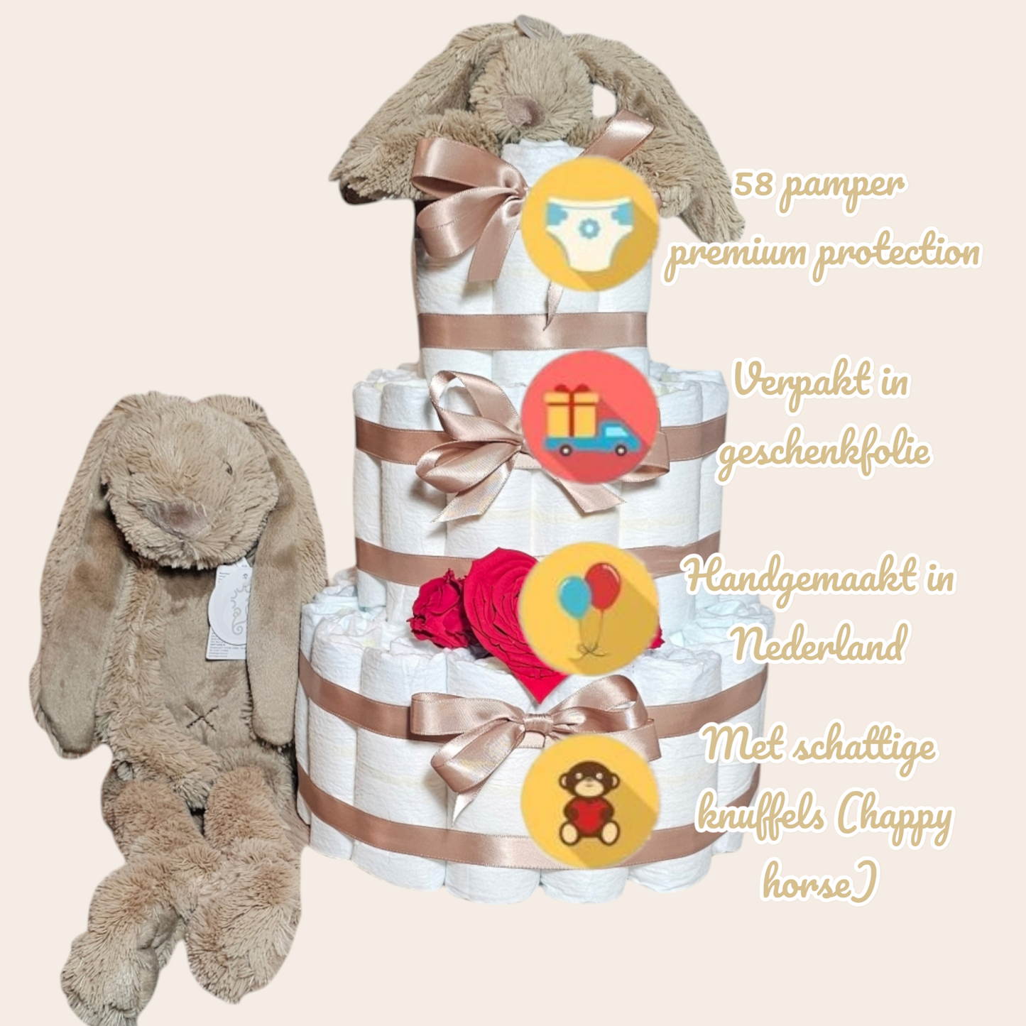 Luiertaart - Bruin - 3-laags | Happy Horse Knuffel Rabbit Richie (38 cm) + Knuffeldoekje | Pampers | Personaliseerbaar  | Luxe Longlife Roos