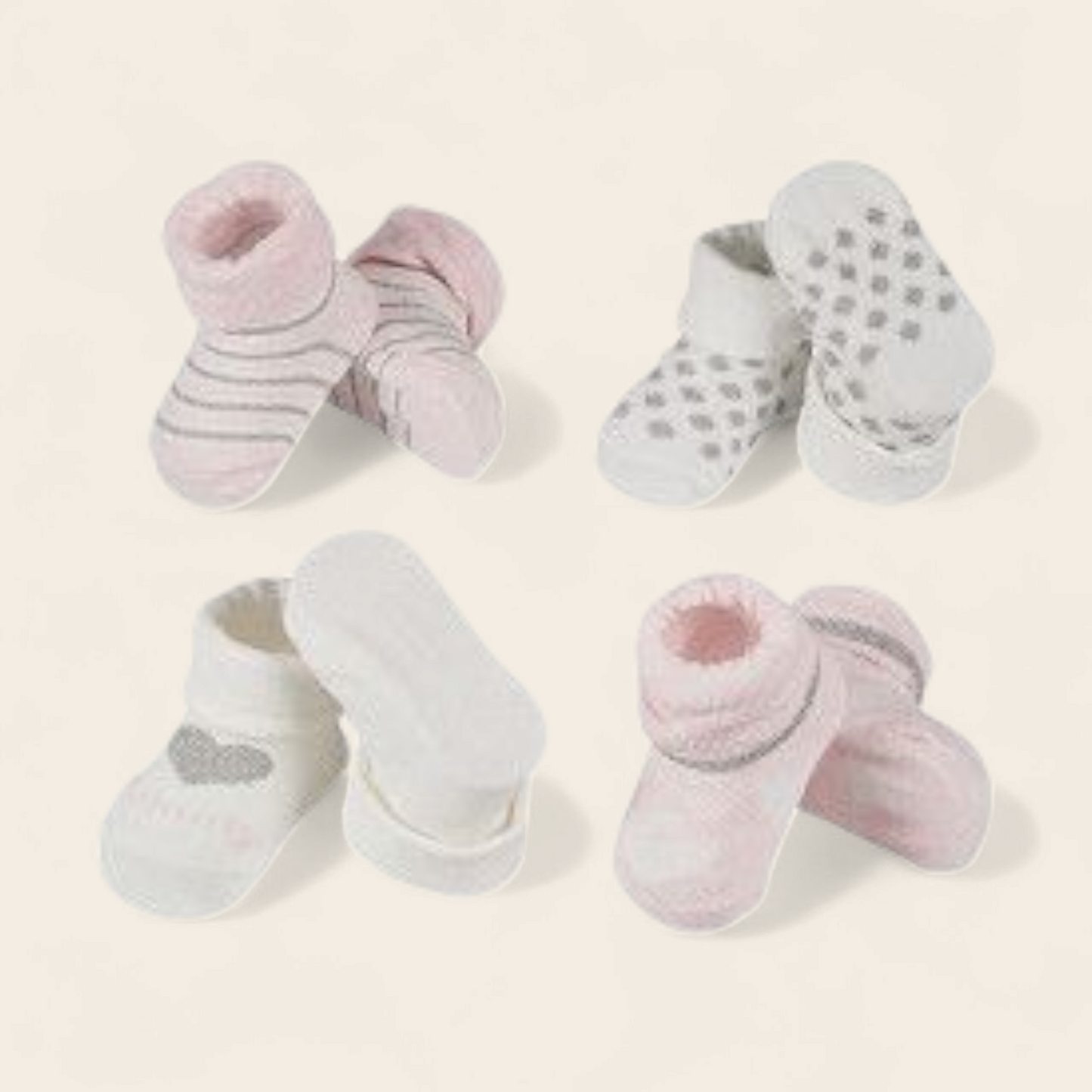 Kraakraamcadeau Set meisje – 4 Paar Baby Slofjes in Luxe Cadeaudoos | Roze & Wit – Zacht & Comfortabel