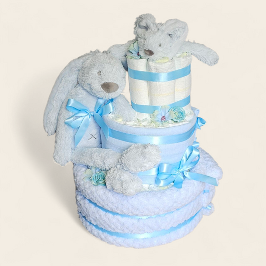 Luiertaart 3 laags blauwe met Rabbit Richie – Perfect Kraamcadeau
