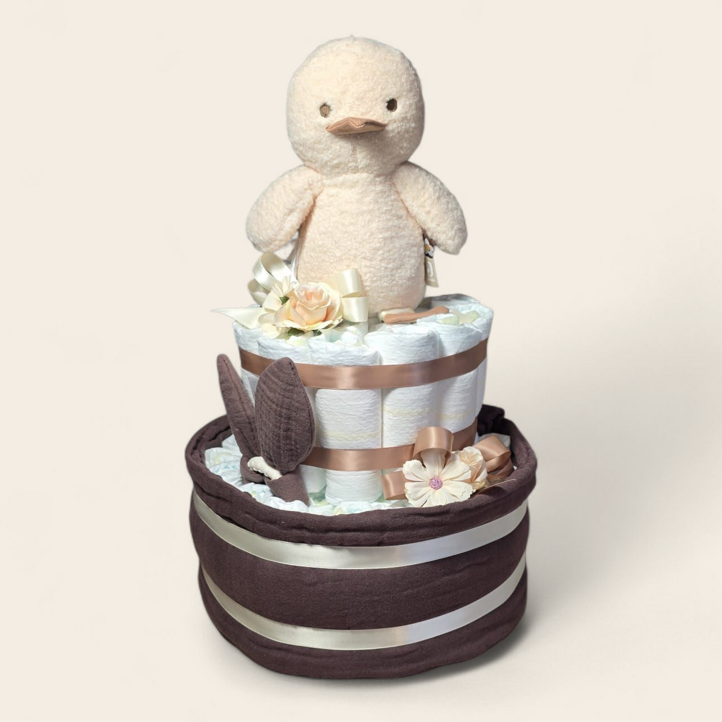 Luiertaart 2 lagen met Jollein Spring Garden Duck en wiegdeken chestnut