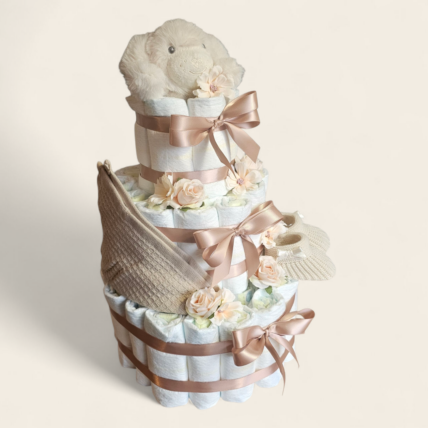 Luiertaart Bruin 3-laags – Groot Kraamcadeau met Honden Knuffel