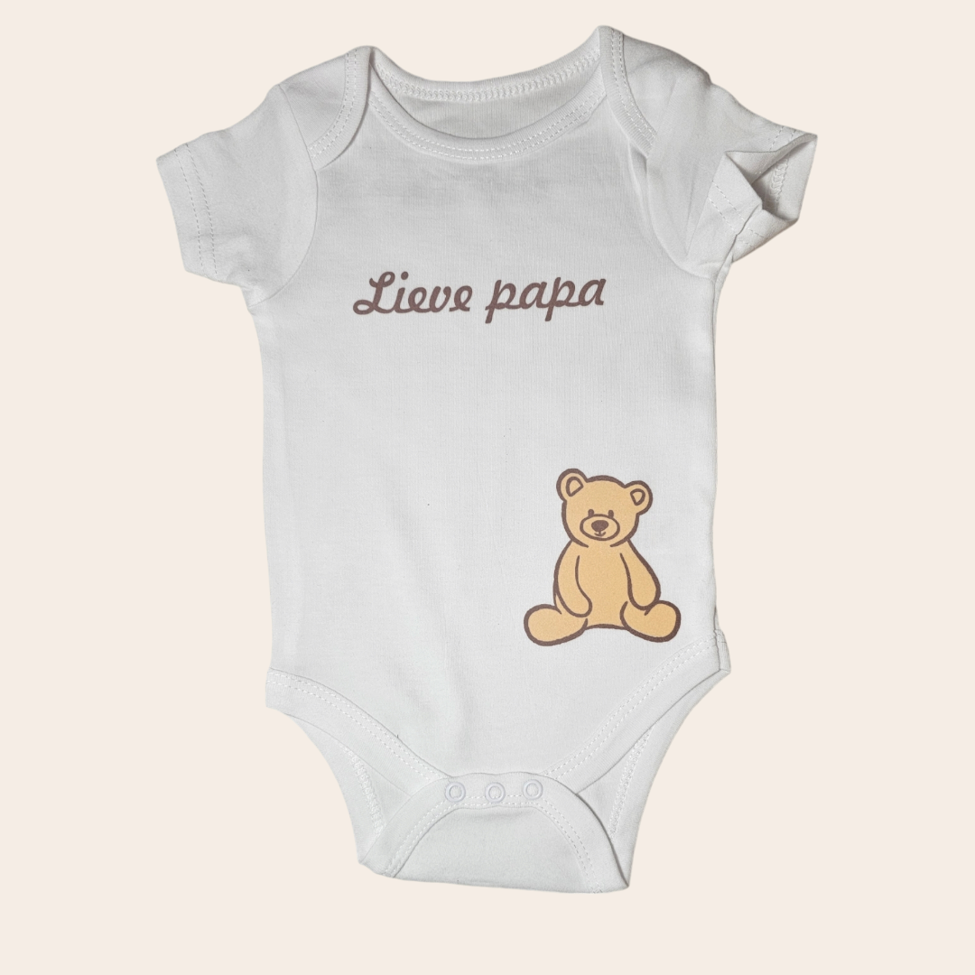 Romper with Teddy Bear Print and Text "Dear Dad" - Available in Pink, Blue and White