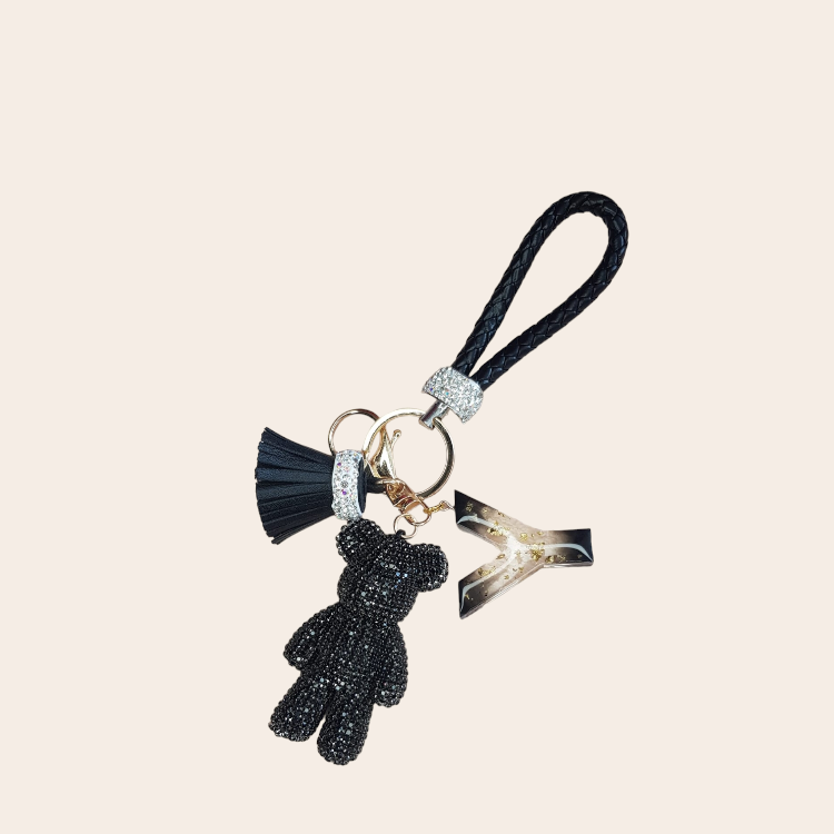 Keychain with handmade epoxy letter black, bear with diamonds, cord and tassel