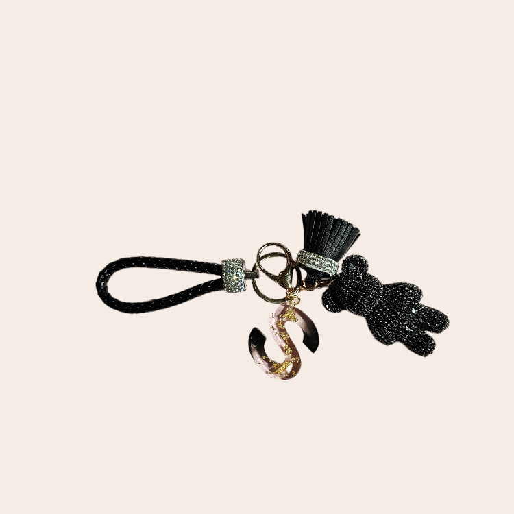 Keychain with handmade epoxy letter black, bear with diamonds, cord and tassel