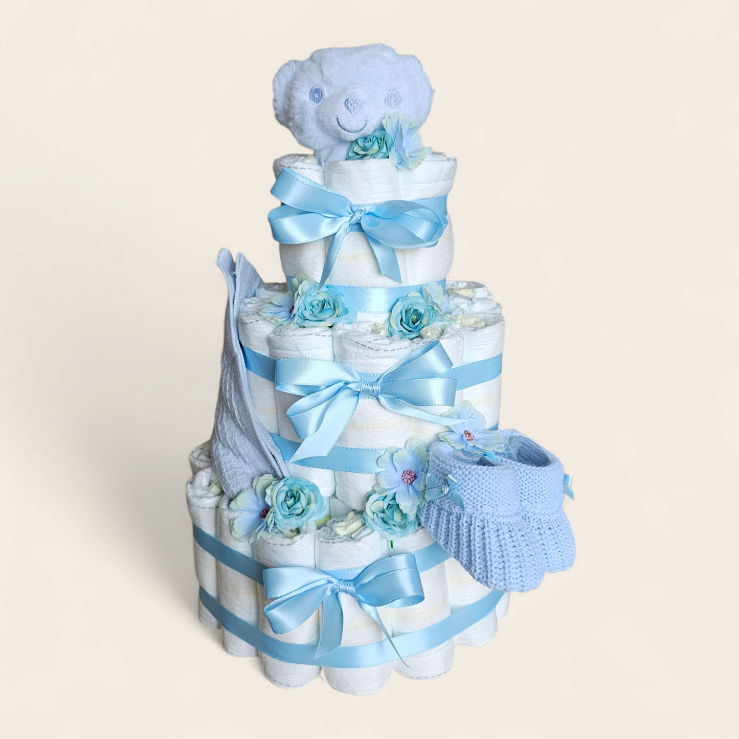 Blue diaper cake 3 layers with personalized rabbit