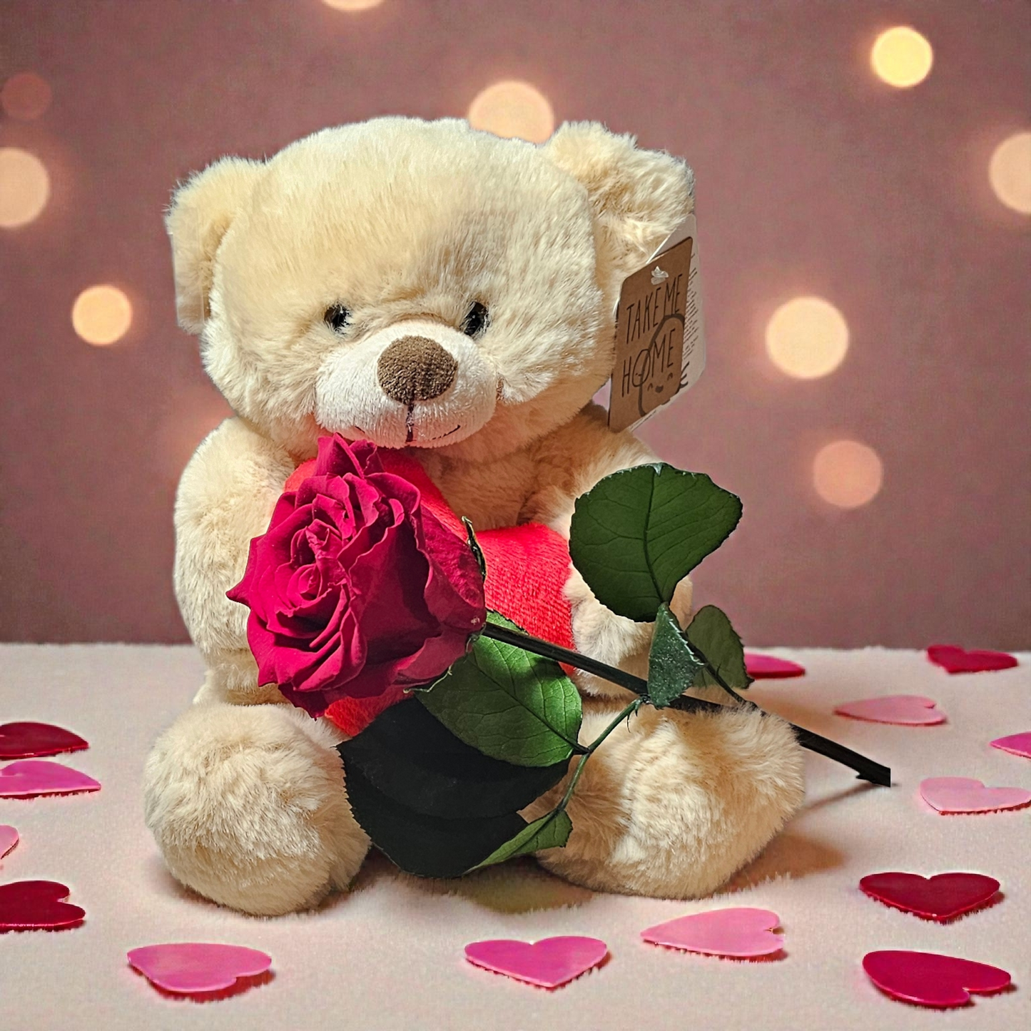 bruine Zittende Knuffelbeer (ca. 20 cm) met Hart, Rode Longlife Roos & Kaart – Romantisch Valentijnscadeau