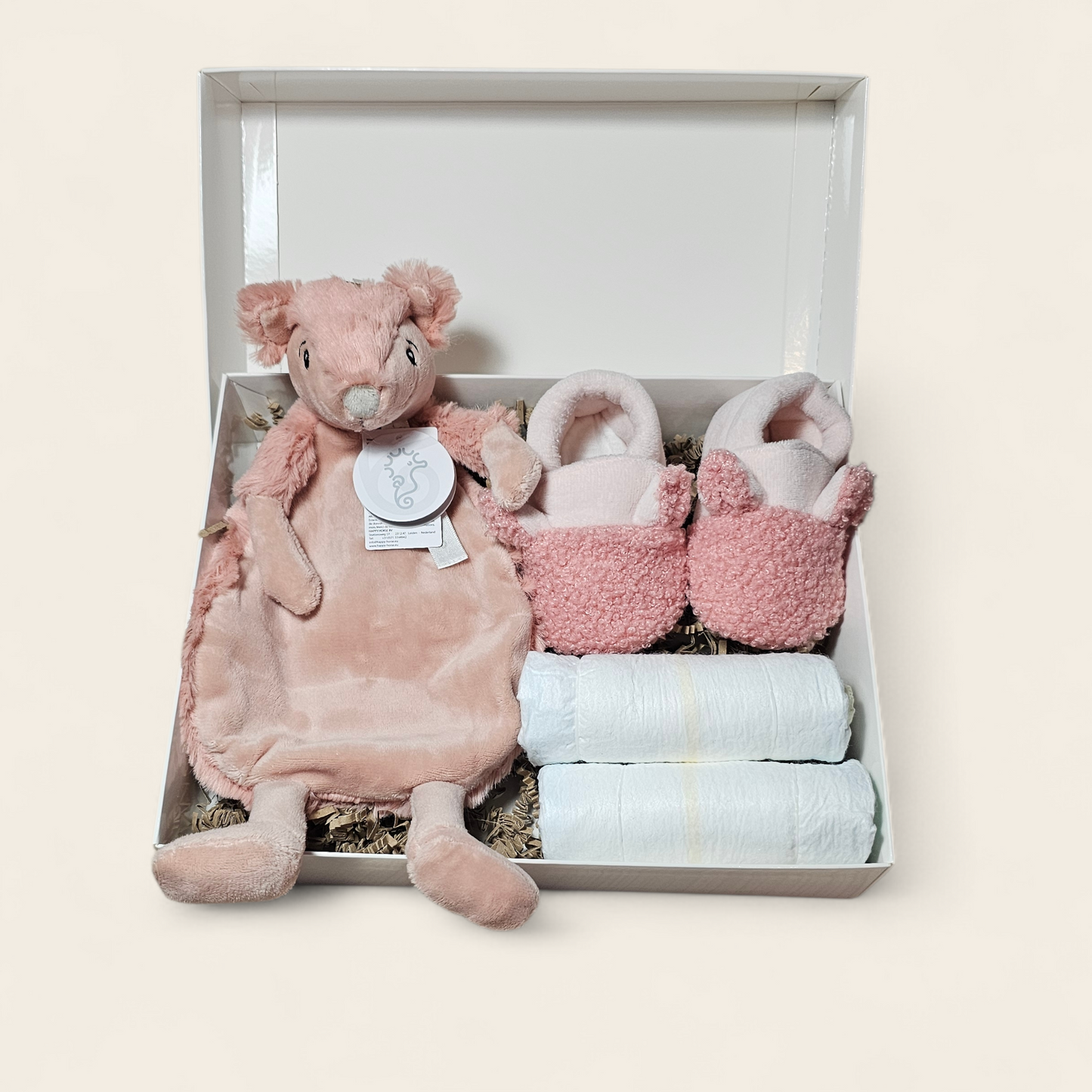 Kraamcadeau met Happy Horse Eekhoorn Roze – Personalisatie Mogelijk, Luiers & Apollo Babyslofjes