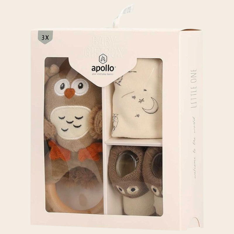 Kraamcadeau Unisex Uil – met slabbetje, rammelaar en sokjes in uilen thema